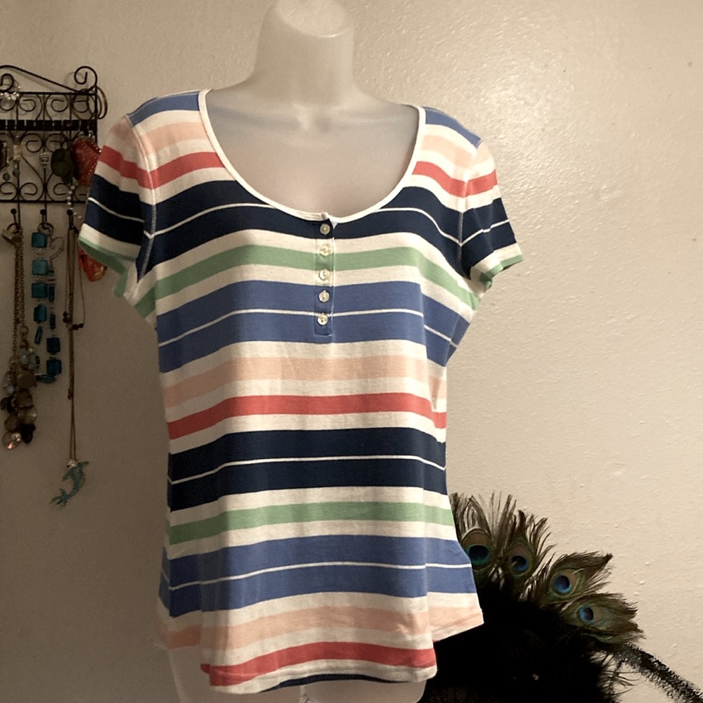 Vintage Y2K Women’s Chap’s Denim Multicolor Striped Short Sleeve Shirt
